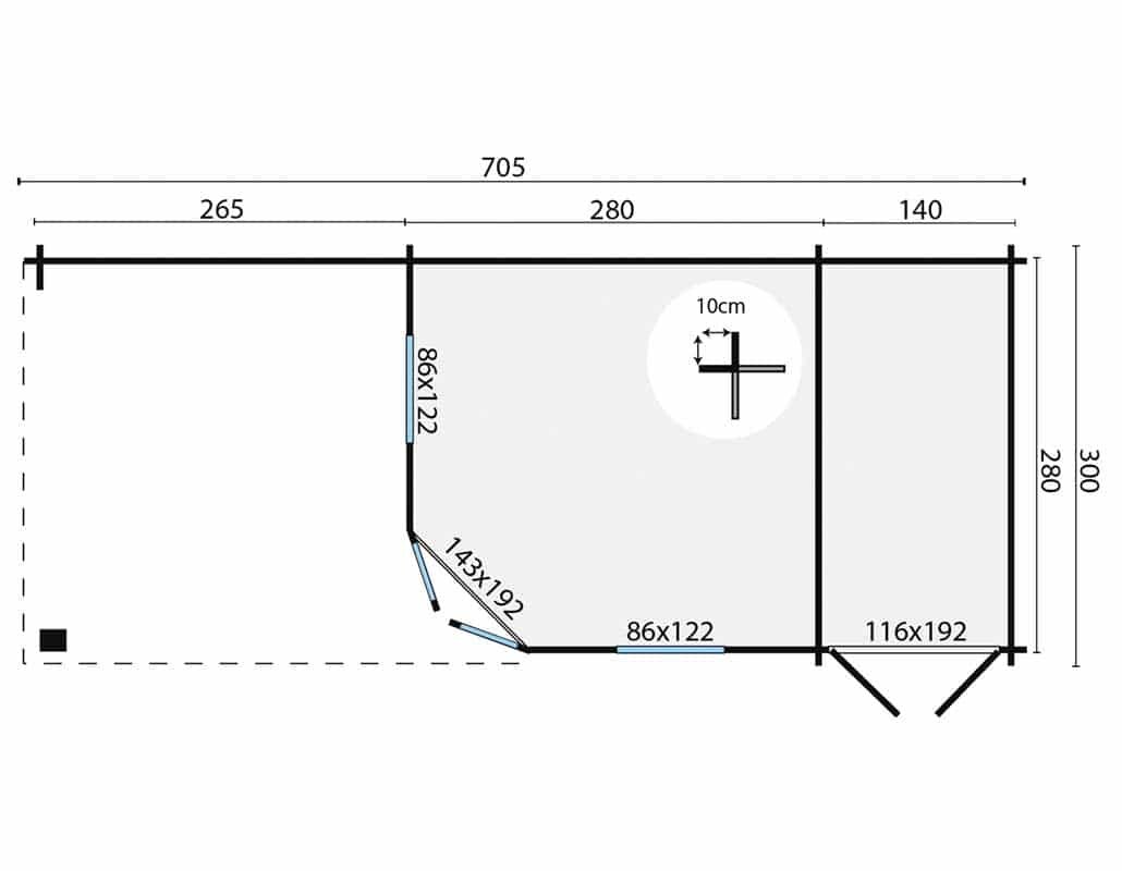 Blokhut Olson met overkapping 705 x 300 x 292 cm Wanddikte 44 mm