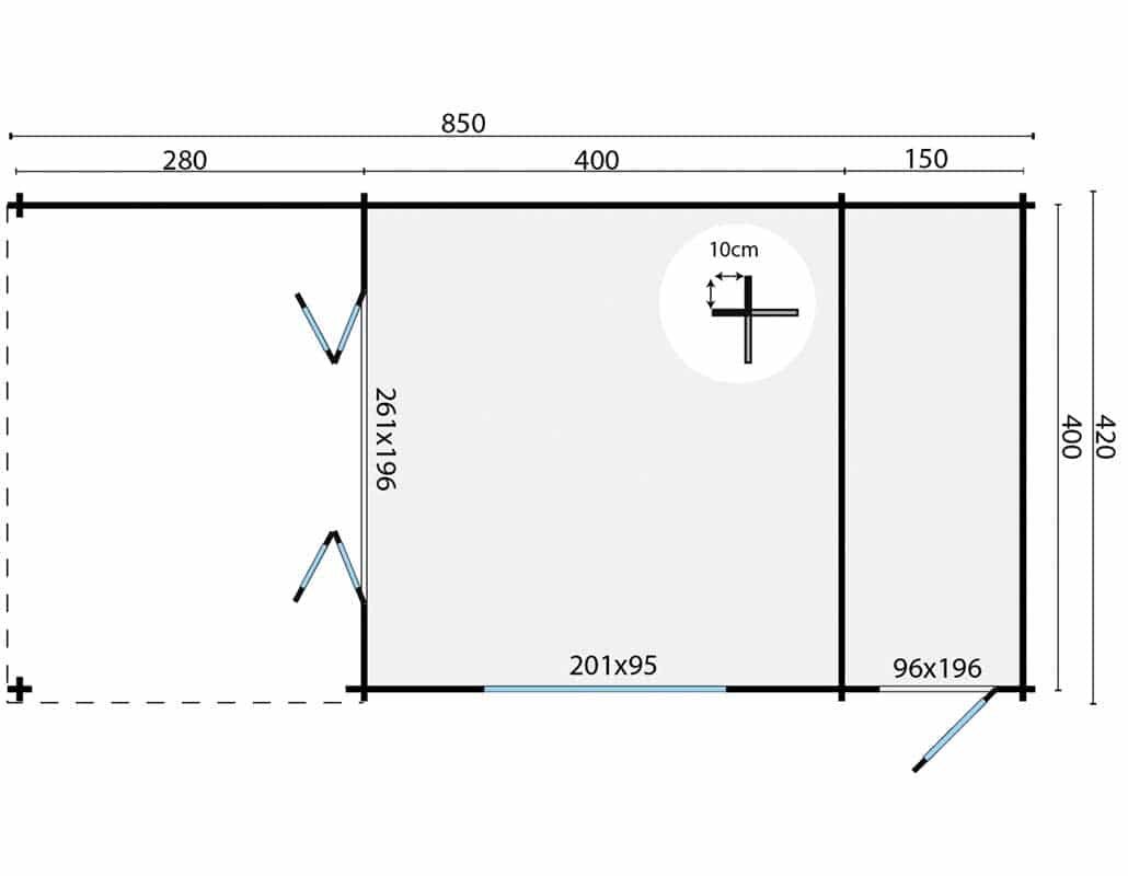 Blokhut Sibella met Overkapping 850 x 420 cm Wanddikte 44 mm