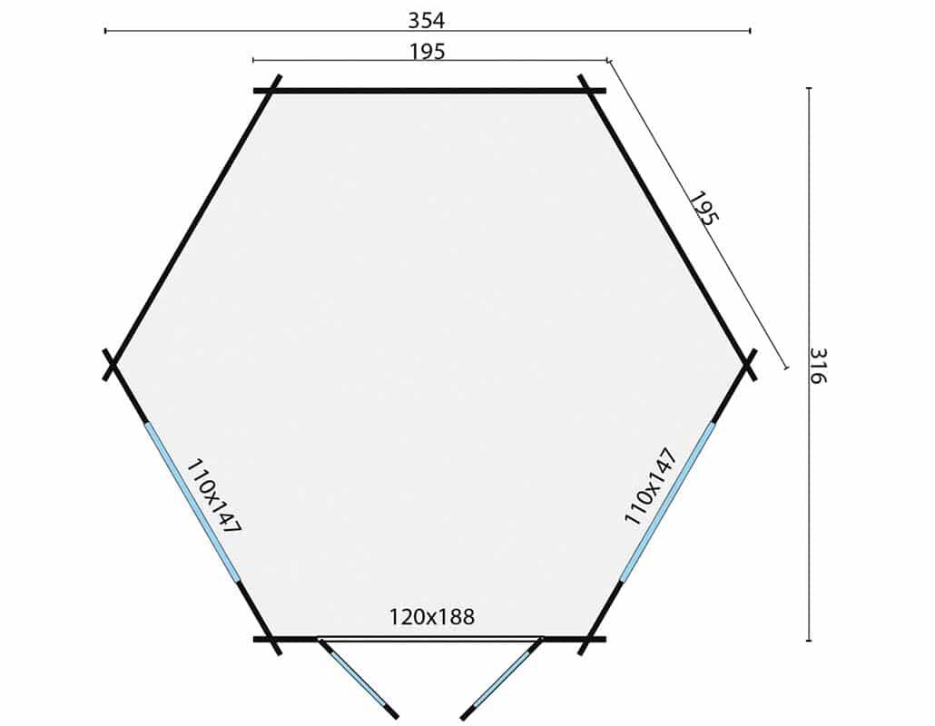 Blokhut Nora 354 x 316 cm Prieel zeskantig Wanddikte 34 mm