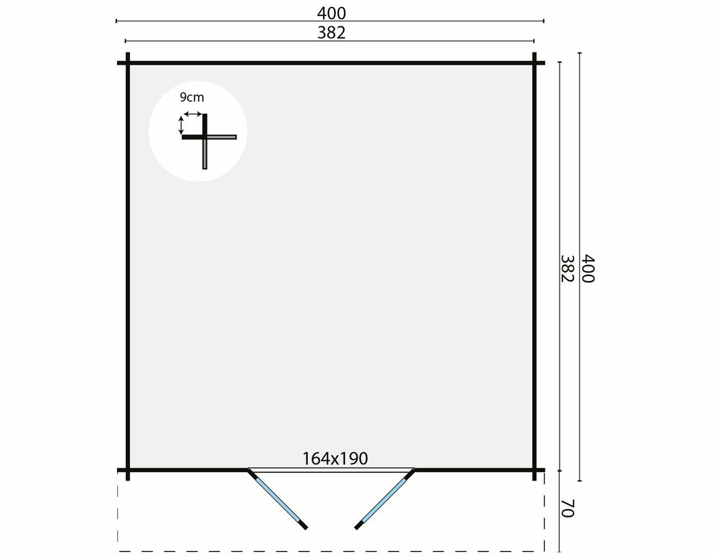 Blokhut Torrent 400 x 400 x 236 cm + Luifel 70 cm Wanddikte 34 mm