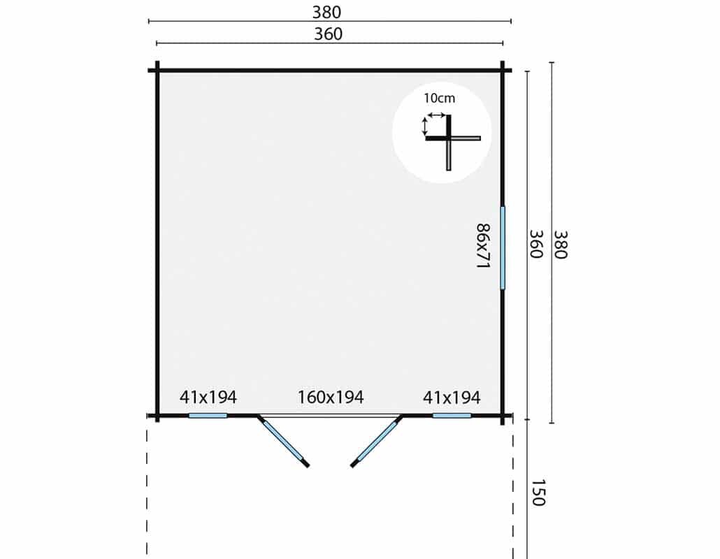 Blokhut S&ouml;ren 380x380 cm + luifel 150 cm