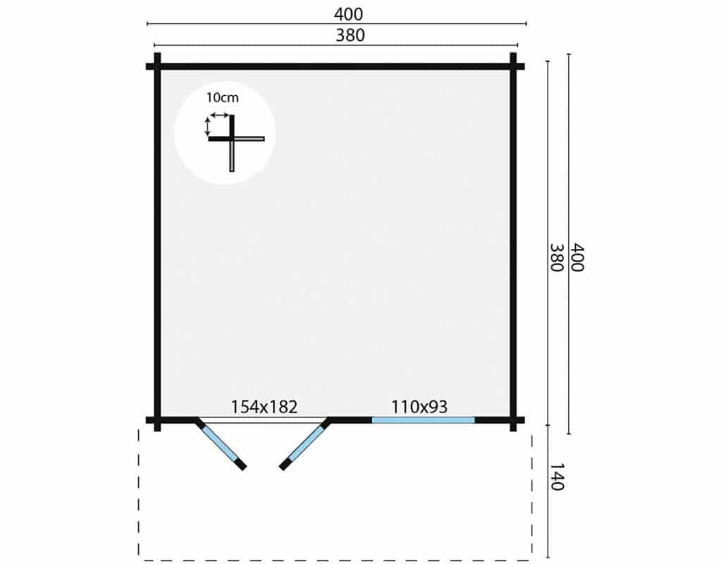 Blokhut Stian 400 x 400 x 250 cm + Luifel 140 cm Wanddikte 58 mm