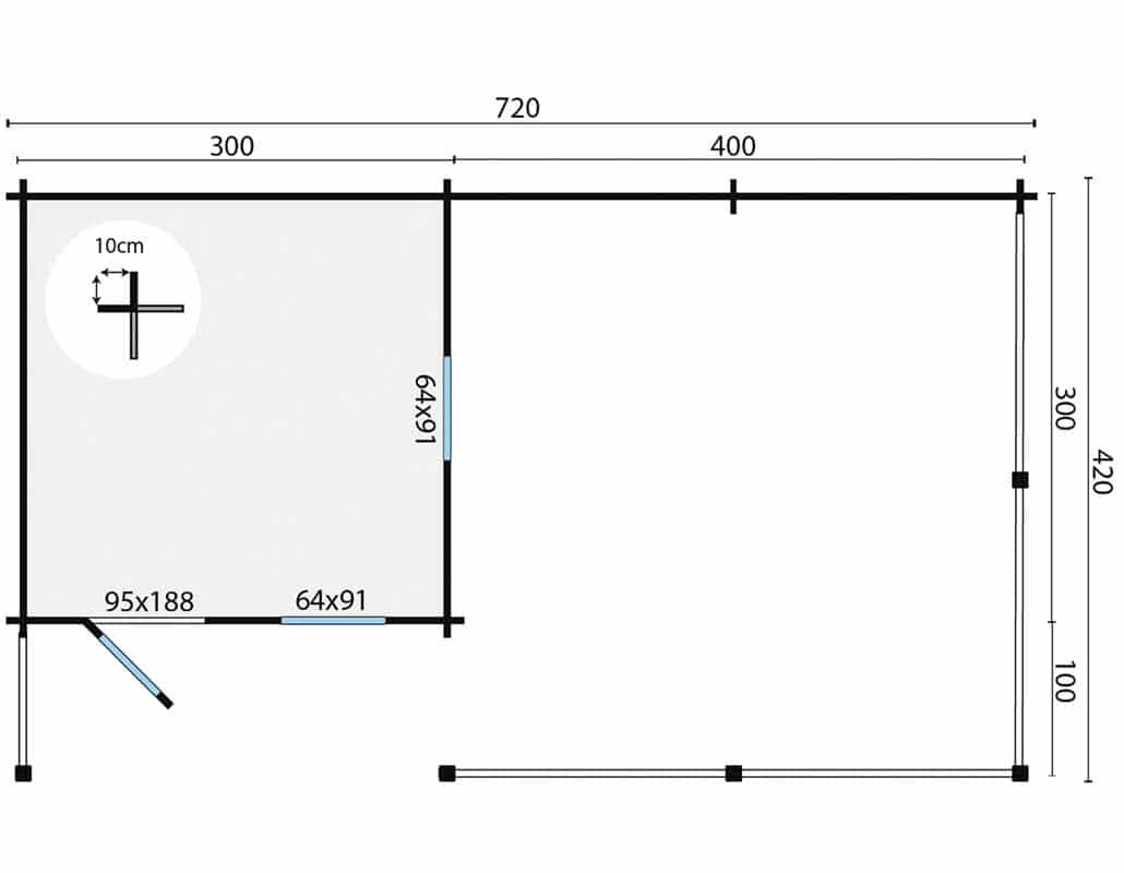 Blokhut Ragna onbehandeld 720 x 420 x 262 cm Wanddikte 40 mm