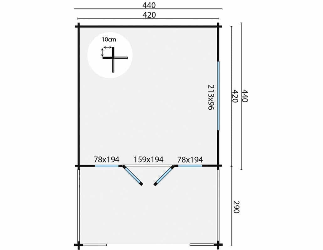 Blokhut Leeds 440 x 440 + Voorluifel 290 cm Wanddikte 58 mm