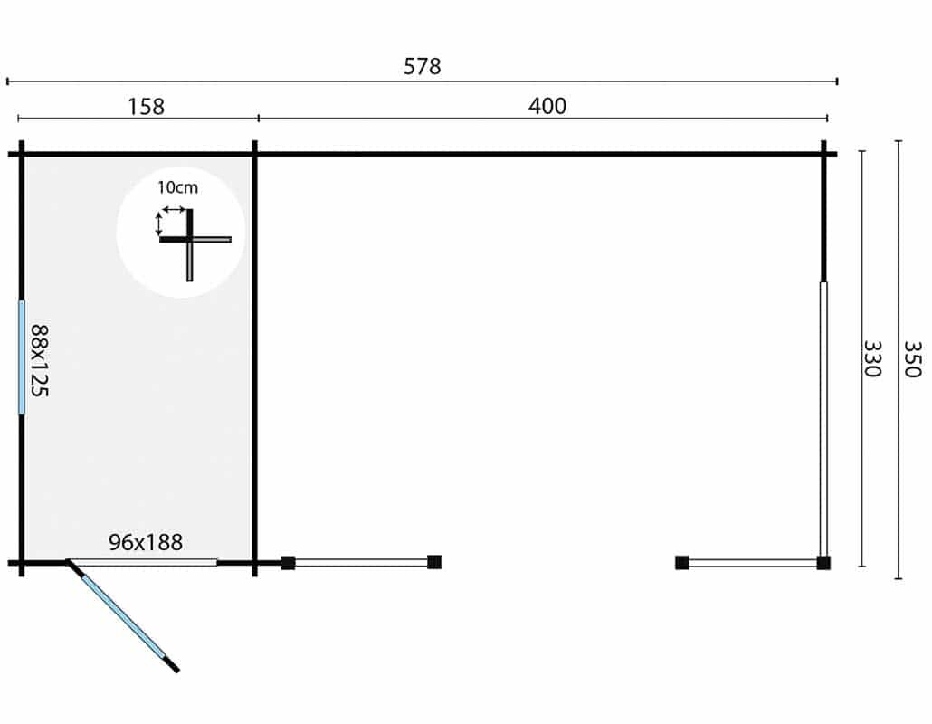 Blokhut Kapschuur Selma 578 x 350 x 279 cm Wanddikte 40 mm