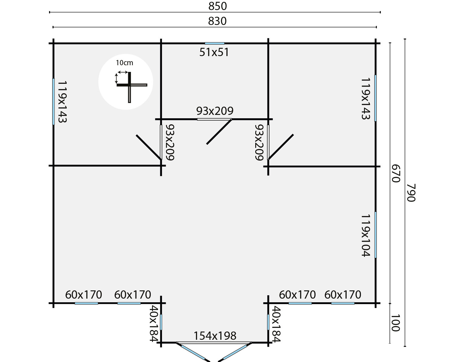 Blokhut Mullingar 850 x 790 x 317 cm Wanddikte 70 mm