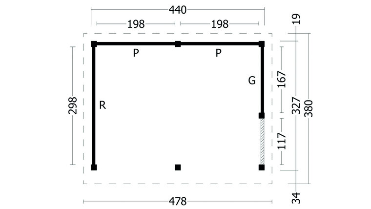 Overkapping plat dak Oslo L Type 3 Lariks Douglas Geschaafd 478 x 380 x 272 cm - Zwarte Wanden