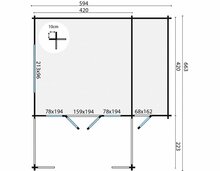 Blokhut Manchester 594 x 440 x 263 cm + Luifel 223 cm en extra schuurtje Wanddikte 58 mm