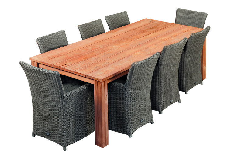 Veeg modder naaien Ga voor de complete set: Hardhouten tuintafel van 2,5 meter + 6 wicker  stoelen bruin + hardhout olie - Countrywood